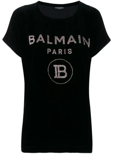 Balmain Glitter Logo Velvet T-shirt In Black