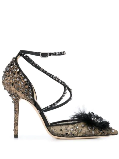 Jimmy Choo Odette 100 Black Lace Wraparound Heels With Feather And Crystal  Embellishment | ModeSens