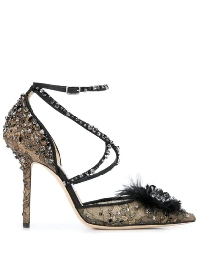 Jimmy Choo Odette 100 Black Lace Wraparound Heels With Feather And Crystal Embellishment