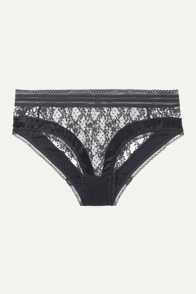Stella Mccartney Stephanie Cherishing Satin-trimmed Point D'esprit Tulle And Lace Briefs In Midnight Blue