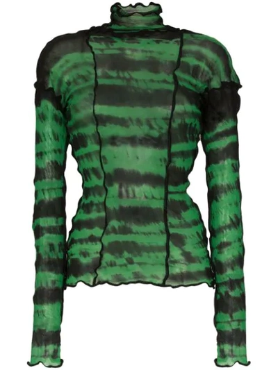 Asai Hotwok Ruffled Tie-dyed Stretch-mesh Turtleneck Top In Green