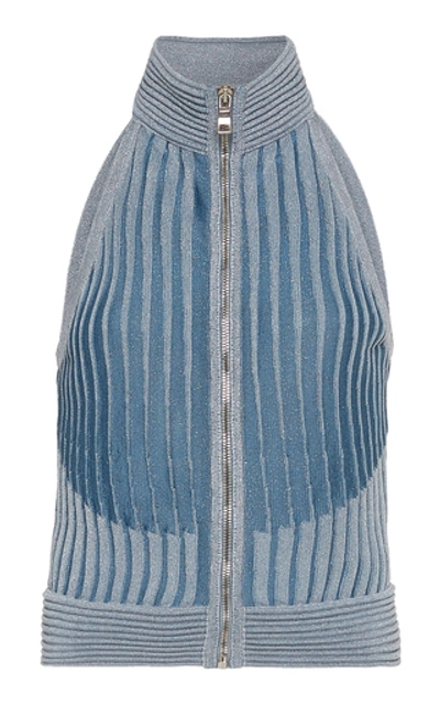 Balmain Cropped Ribbed Jacquard-knit Top In Blue