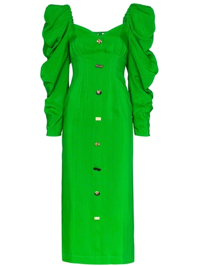 Rejina Pyo Betty Button-embellished Satin-jacquard Midi Dress In Green