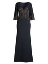 Aidan Mattox Beaded V-neck 1/2-sleeve Crepe Gown In Twilight