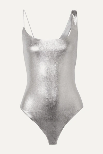 Alix Nyc Gracie Asymmetric Metallic Stretch-modal Thong Bodysuit In Silver