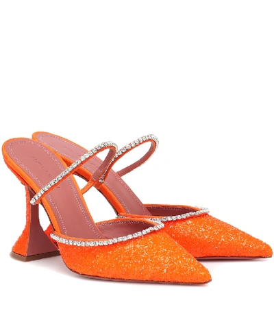 Amina Muaddi 100mm Gilda Embellished Glitter Mules In Orange