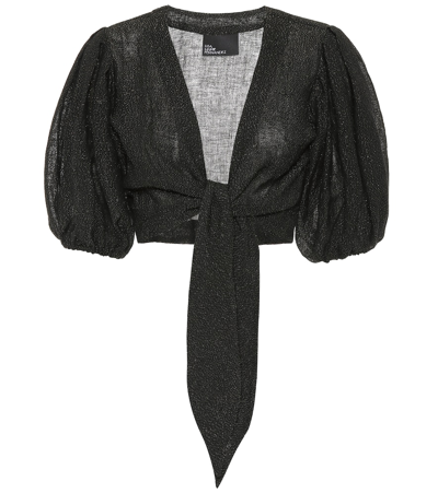 Lisa Marie Fernandez Pouf Balloon-sleeve Tie-front Linen-blend Top In Black