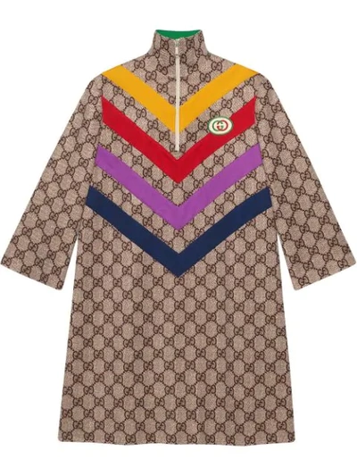 Gucci Chevron-striped Gg-print Dress In Beige