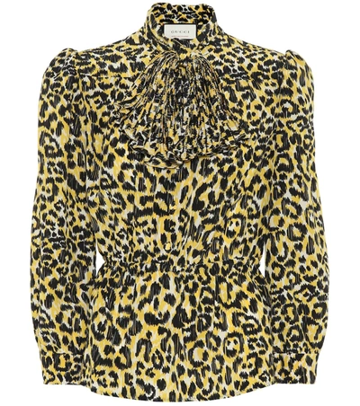 Gucci Leopard-print Silk Crepe De Chine Blouse In Yellow