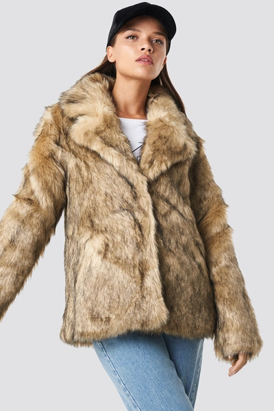 Na-kd Drawstring Faux Fur Jacket Beige In Brown