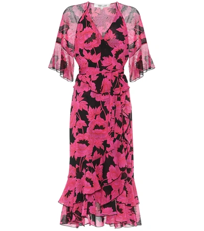 Diane Von Furstenberg Zion Ruffled Floral-print Stretch-mesh Wrap Dress In Pink Pattern