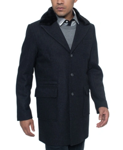 Sean John Men's Single Breasted Walking Coat With Detachable Faux Mink Collar In Charcoal