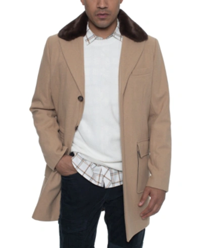 Sean John Men's Single Breasted Walking Coat With Detachable Faux Mink Collar In Cognac