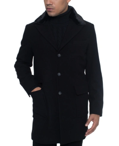 Sean John Men's Single Breasted Walking Coat With Detachable Faux Mink Collar In Black