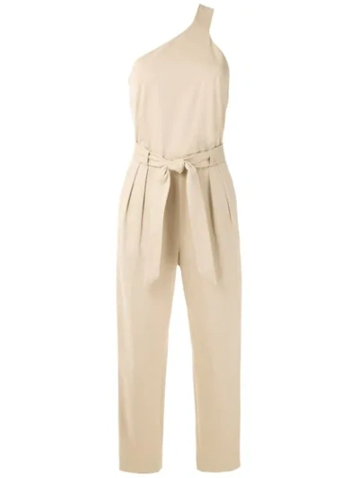Andrea Marques One Shoulder Tie Waist Jumpsuit In Neutrals