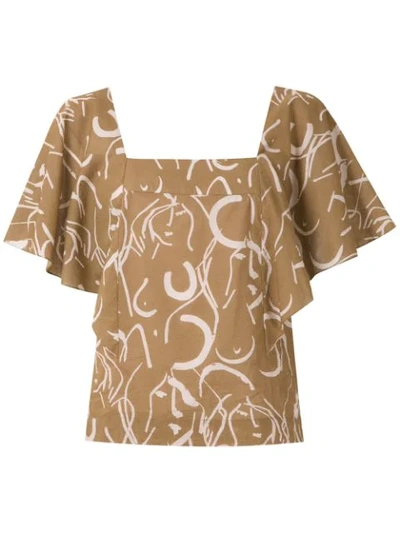 Andrea Marques Printed Ruffle Sleeves Blouse In Brown