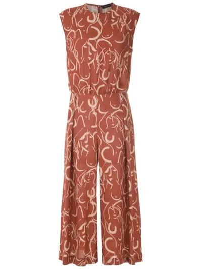 Andrea Marques Printed Cropped Jumpsuit In Brown
