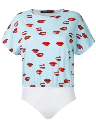 Andrea Marques Lips Print Short-sleeved Bodysuit In Blue