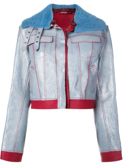 Sies Marjan Gabbie Buckled Shearling Collar Jacket In Light Blue/dark Red