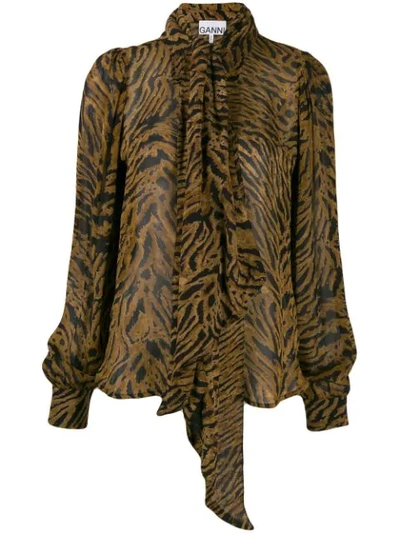 Ganni Tiger-print Blouse In Brown