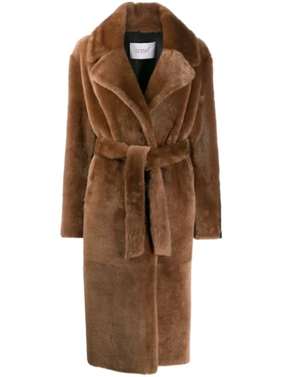 Common Leisure Belted Longline Coat In Brown