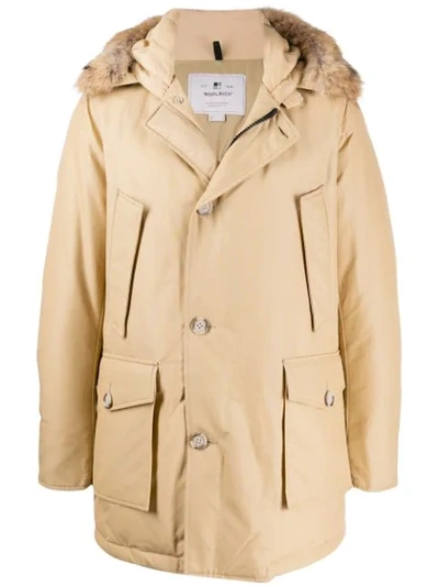 Woolrich Fur Hooded Coat In Nut Beige