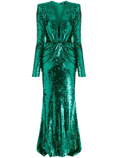 Amen Sequinned V-neck Gown In Green