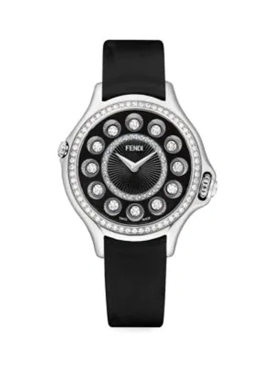 Fendi Crazy Carats Diamond, Topaz, Stainless Steel & Leather-strap Watch In Black