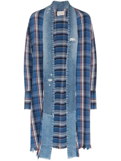 Greg Lauren Plaid Kimono Shirt Jacket In Blue