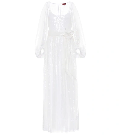 Staud Pearl Sequin Puff-sleeve Maxi Dress In White
