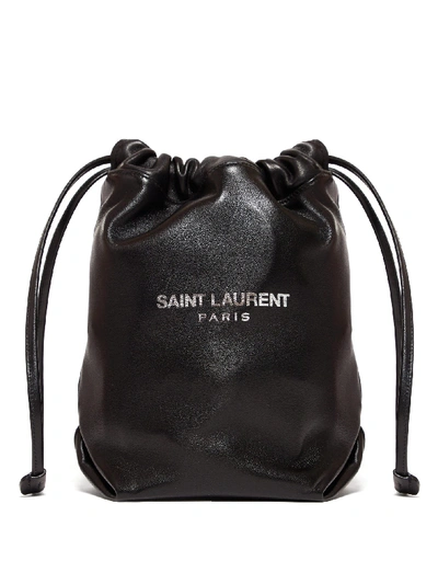 Saint Laurent 'teddy' Logo Print Small Leather Drawstring Bucket Bag In Black