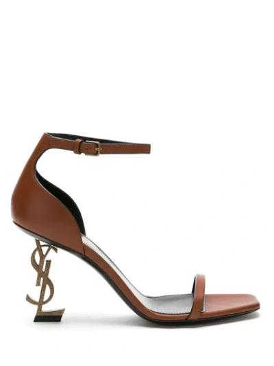 Saint Laurent Opyum Suede Ysl Logo-heel Sandals In Brown