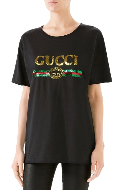 Gucci Sequin Tiger Logo Tee In Black/ Multicolor