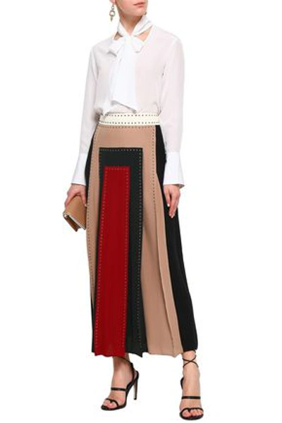 Valentino Studded Color-block Silk Crepe De Chine Maxi Skirt In Multicolor