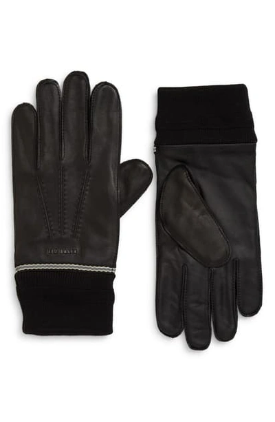 Ted Baker Quirk Knit-cuff Leather Gloves In Black