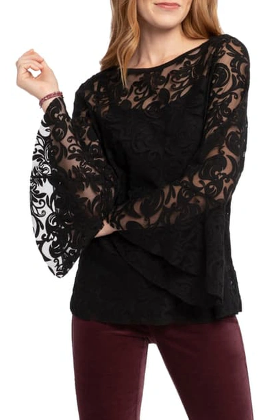 Nic And Zoe Nic+zoe Lace Bell-sleeve Top In Black Onyx