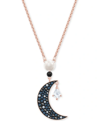 Swarovski Rose Gold-tone Imitation Pearl & Crystal Moon Pendant Necklace, 15-5/8" + 2" Extender In Blue