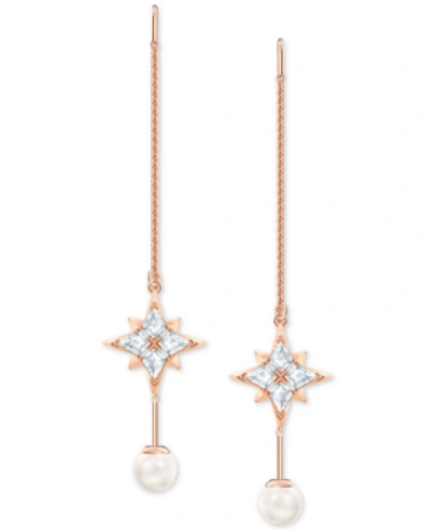 Swarovski Rose Gold-tone Imitation Pearl & Crystal Star Threader Drop Earrings In White
