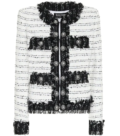 Balmain Collarless Tweed Button Jacket In White