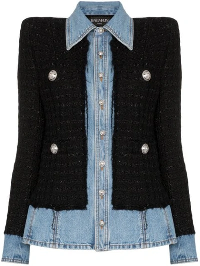 Balmain Layered Denim Wool-blend Tweed Jacket In Black