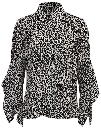 Michael Kors Leopard Silk Draped-sleeve Blouse In Blk/ivry