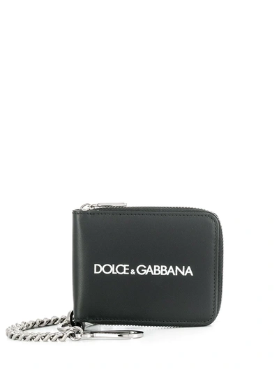 Dolce & Gabbana Black Leather Wallet With Metal Chain & Logo