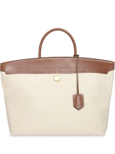 Burberry Cotton Canvas And Leather Society Top Handle Bag In Neutrals