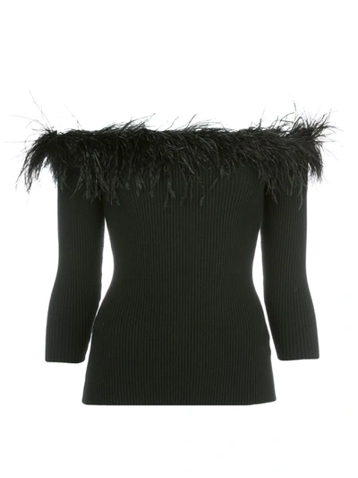 Milly Feather Trim Off-the-shoulder 3/4-sleeve Rib Top In Black