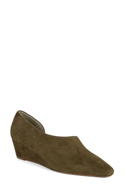 Vince Barolo Asymmetric Suede Wedge Loafers In Militaire Suede