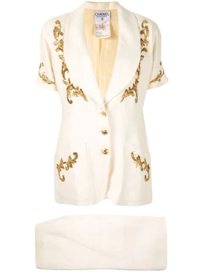 Pre-owned Chanel Embroidered Two-piece Skirt Suit In White