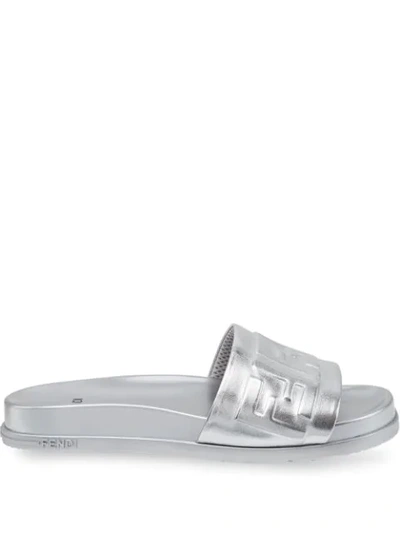 Fendi Metallic Ff Logo Slides In Silver