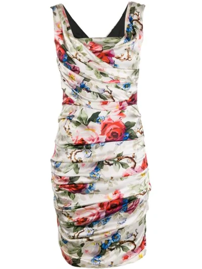 Pre-owned Dolce & Gabbana 2000s Ruched Floral Dress In White