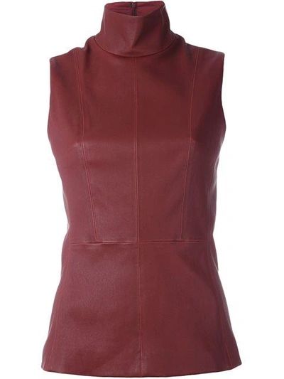 Mugler Leather Funnel Neck Top In Red