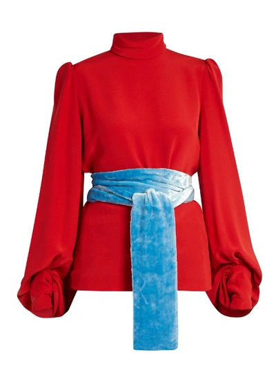 Hillier Bartley Velvet-tie Balloon-sleeved Crepe Top In Red